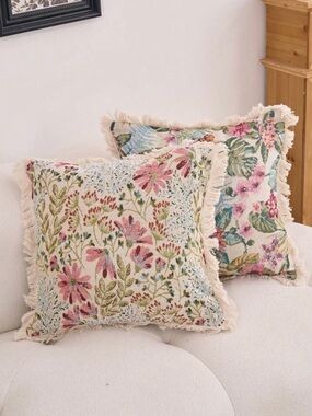 Floral Fringe Decorative Throw Pillow - Pink & Green